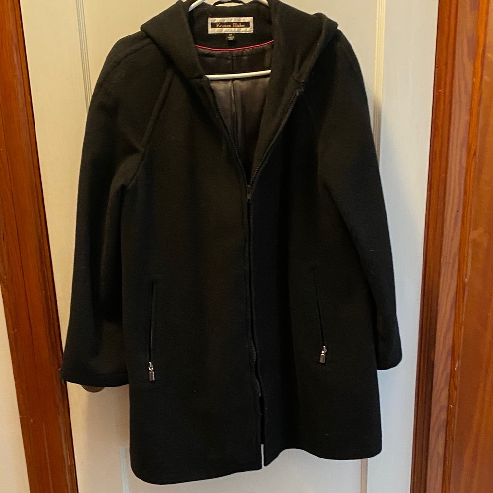 Kristen Blake Black Wool Coat with Red Trim